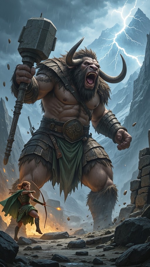 A colossal horned Minotaur roars while wielding a massive stone warhammer, facing off against a nimble Wood Elf Ranger drawing a glowing arrow in a stormy mountain ruin.
