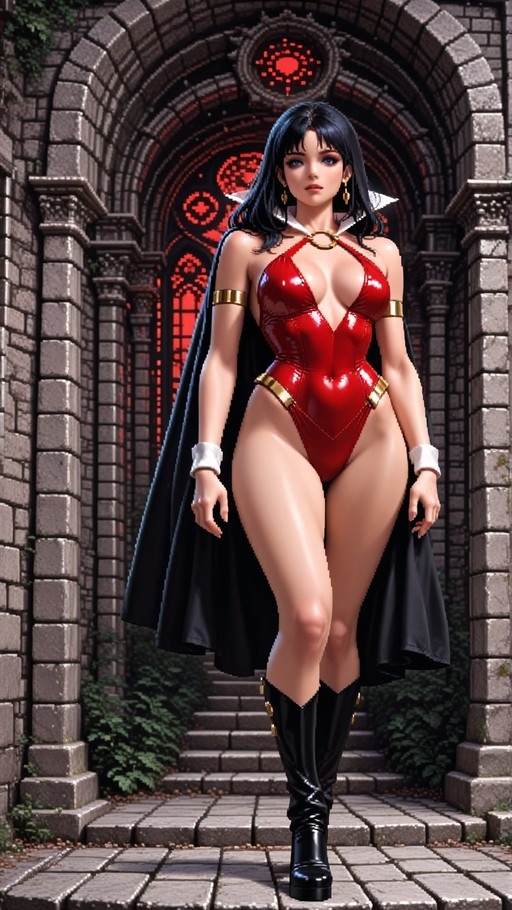 A photorealistic image of Vampirella in a shiny red leotard and black cape standing on stone steps before a gothic archway with red glowing details.