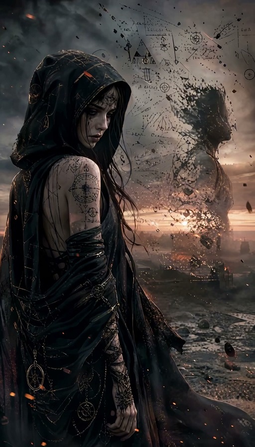 A young woman with black hair and a hood stands in a ruined landscape, turning to reach toward the viewer while floating debris surrounds her.
