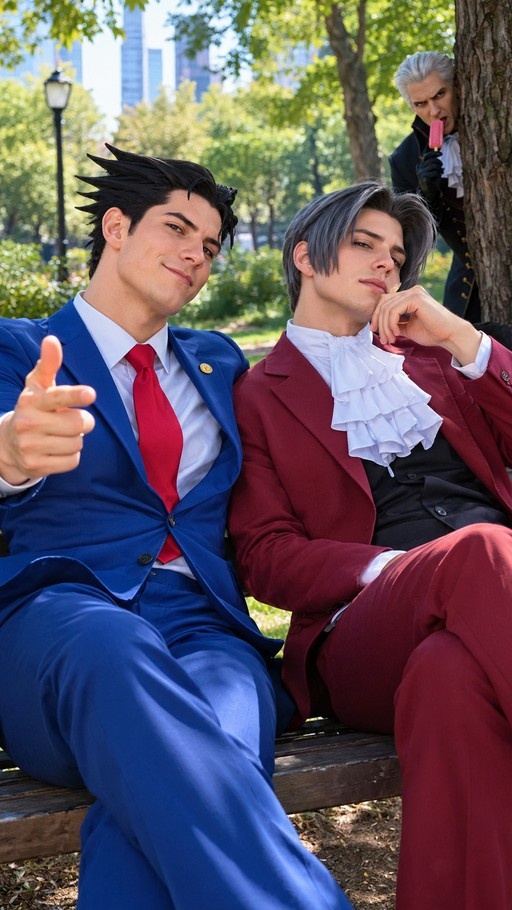 Phoenix Wright and Miles Edgeworth cosplayers sit on a park bench while Manfred von Karma eats a popsicle behind a tree
