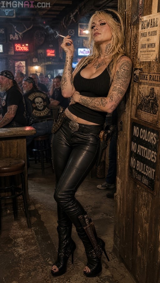A tattooed blonde woman in a black tank top and leather pants smokes a cigarette while leaning against a wall in a rustic bar.
