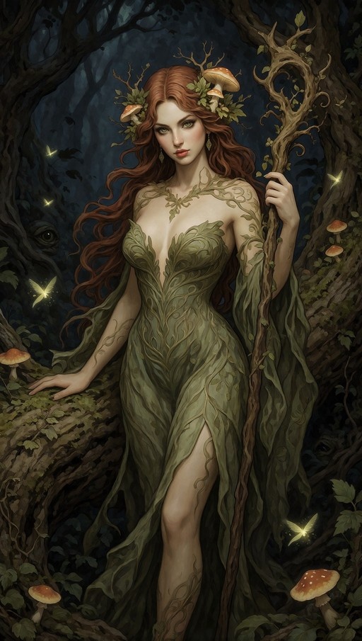 Full-body portrait of a forest dryad with long auburn hair adorned with mushrooms, wearing a moss-green gown and holding a wooden staff amidst glowing fireflies.