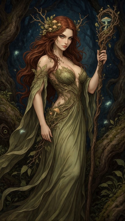 A full-body portrait of a forest dryad with long red hair and green eyes, wearing a vine-covered moss-green dress and holding a staff topped with a mushroom in a dark magical forest.