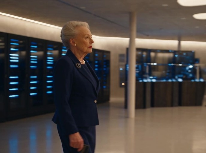 An elderly woman in a blue suit buys an expensive graphics card from a store clerk while her surprised son watches.