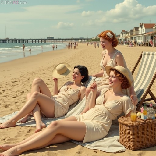 Three women in 1930s attire relaxing on a sandy beach with a picnic basket and a pier in the distance.