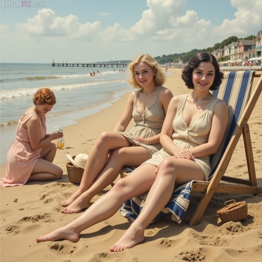 Three young women in vintage dresses relaxing on a sandy beach with a pier in the background.