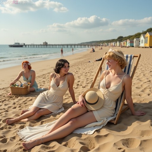 Three smiling women in vintage summer dresses relax on a sandy beach with a pier and colorful huts in the background.
