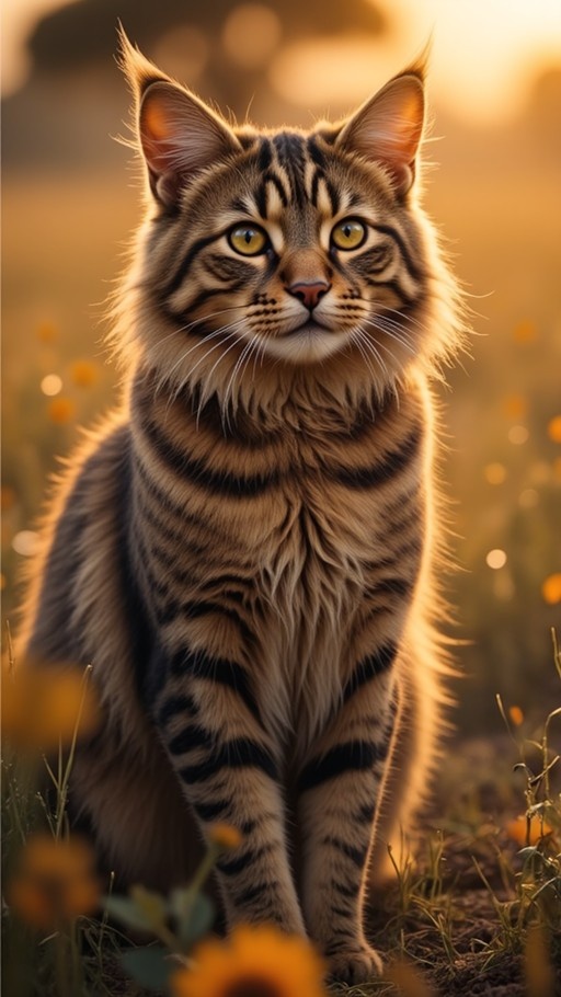 A close-up of a fluffy American longhair tabby cat with yellow eyes sitting in a grassy field with yellow flowers during golden hour.