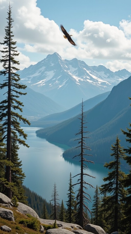 A bald eagle soars through a blue sky above a mountain lake surrounded by pine trees and snow-capped peaks.