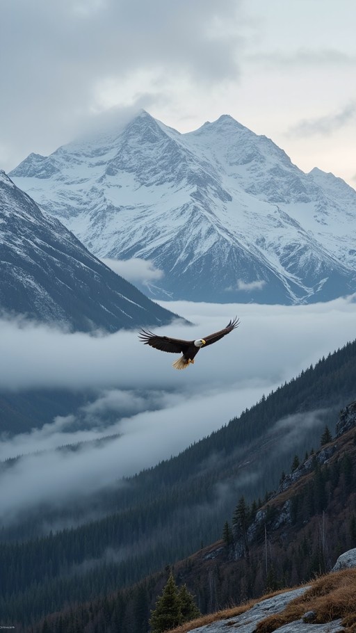 A bald eagle flies with wings spread over a valley filled with mist and snow-capped mountains.