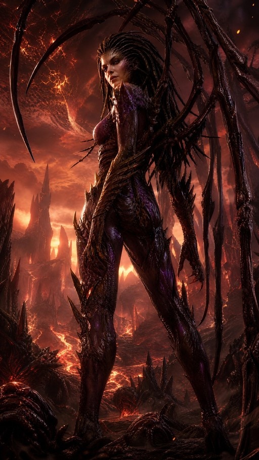 Primal Zerg Sarah Kerrigan stands in a volcanic landscape, featuring purple scaled skin, large insectoid wings, and sharp claws.