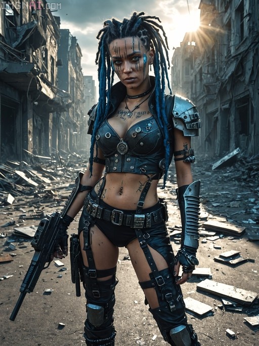 Dark-skinned cyberpunk warrior with blue dreadlocks and face paint standing in a ruined city street, wearing black leather armor and holding a rifle.
