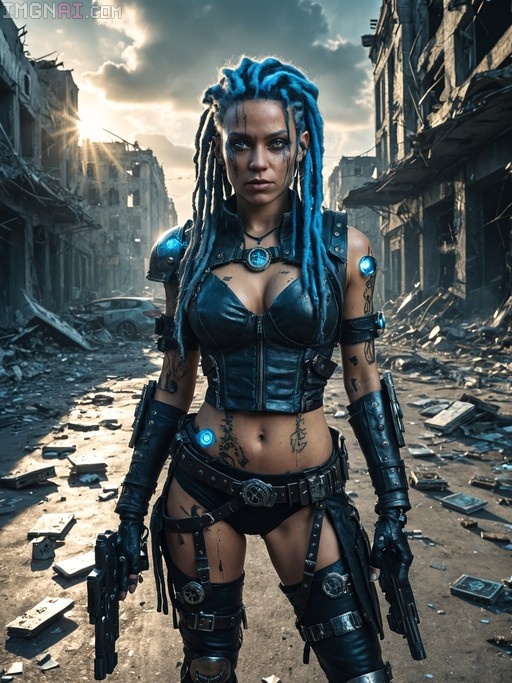 A cyberpunk woman with blue dreadlocks and tattoos stands in a destroyed city street holding two pistols, wearing black leather armor with glowing blue accents.