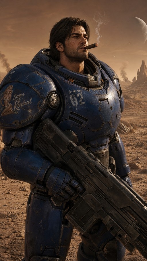 Jim Raynor from StarCraft wearing blue power armor and smoking a cigar on an alien planet.