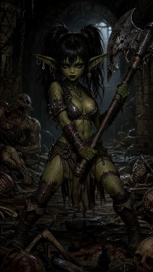 A green-skinned female goblin warrior with black twin-tails holds a large bloody axe in a dark dungeon filled with skeletons and defeated enemies.