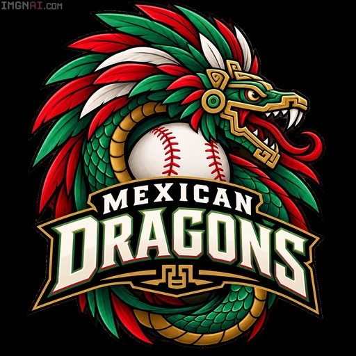 A sports logo for the "Mexican Dragons" showing a fierce dragon head with green scales and red feathers coiled around a white baseball. Bold white text reading "MEXICAN DRAGONS" appears below against a black background.