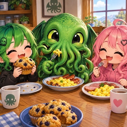 A cute chibi green Cthulhu creature with tentacles eats breakfast from a plate while sitting between a green-haired girl holding a muffin and a pink-haired girl eating ham.