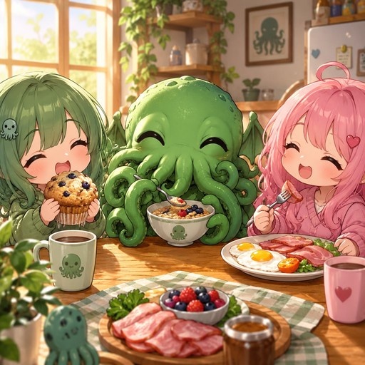 A chibi green Cthulhu creature eats cereal with two girls at a breakfast table; one girl has green hair and eats a muffin, the other has pink hair and eats eggs and ham.