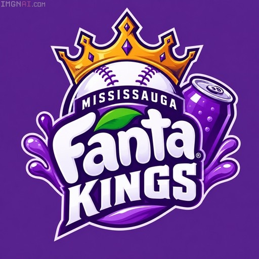 The Mississauga Fanta Kings baseball team logo with a golden crown and purple soda can on a solid background.