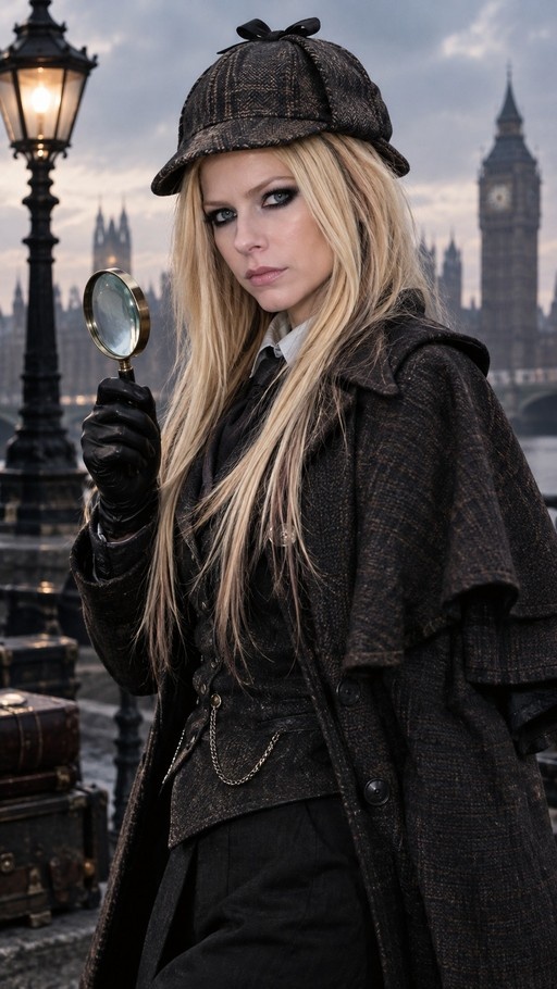 Avril Lavigne in a deerstalker hat and coat holding a magnifying glass with Big Ben in the background.