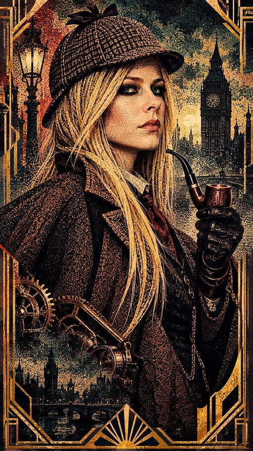 Avril Lavigne as a female Sherlock Holmes in steampunk style, wearing a deerstalker hat and holding a pipe with Big Ben in the background.