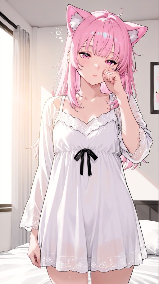 Pink-haired anime girl with cat ears rubbing her eye in a white nightgown by a window.