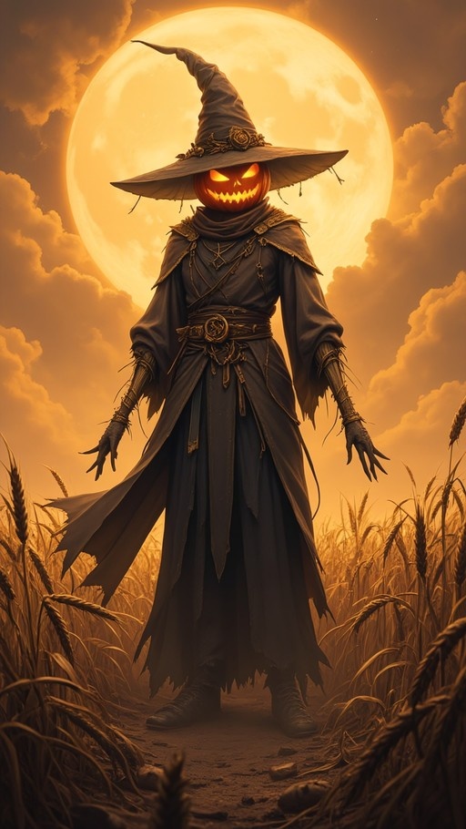 Full-body illustration of a scarecrow wizard with a glowing jack-o'-lantern head and pointed hat standing in a golden wheat field under a large orange moon.