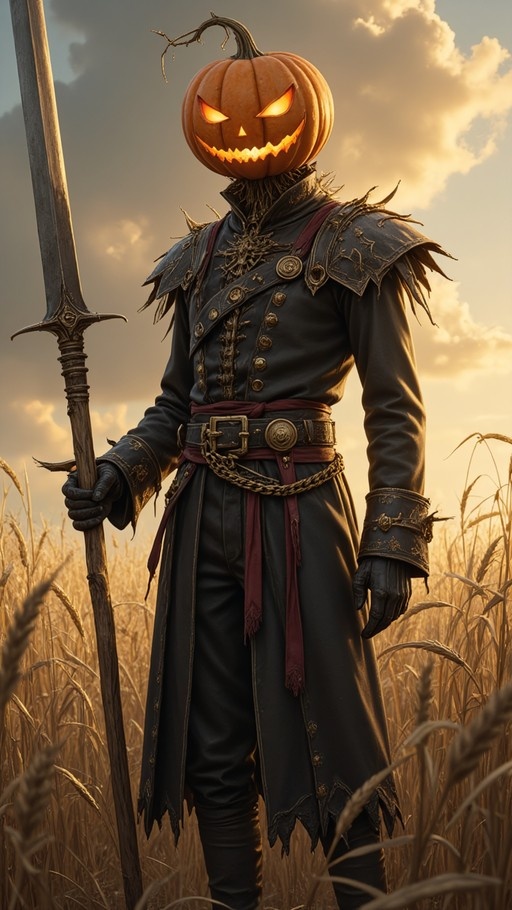 A full-body illustration of a scarecrow warrior with a glowing jack-o'-lantern head standing in a wheat field while holding a large spear.