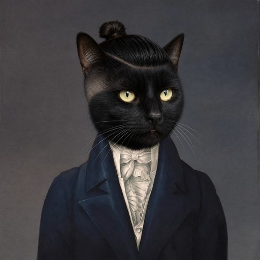 A black cat with a top knot hairstyle wearing a blue suit and white ruffled shirt against a grey background.