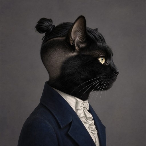 A realistic side-profile portrait of a black cat wearing a dark blue formal jacket and white ruffled shirt with a bow tie. The cat has a distinctive haircut with shaved sides and a top knot bun on its head, set against a plain grey background.