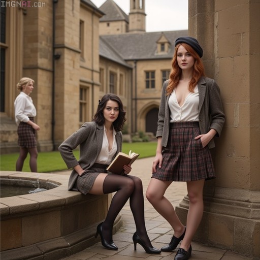 Three young women in vintage plaid skirts and blazers pose in a historic stone courtyard, with one seated on a fountain holding an open book.