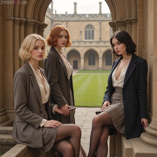 Three young women in blazers and plaid skirts posing in an arched stone courtyard with a lawn in the background.