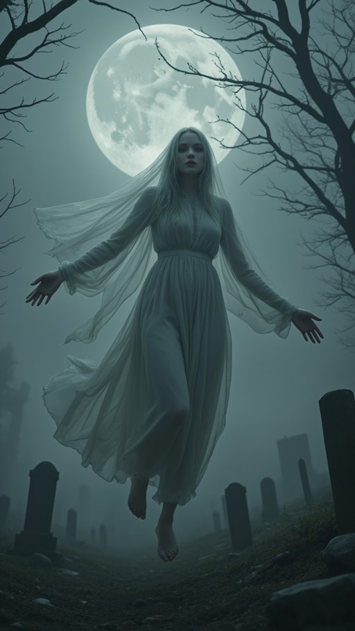 A pale woman in a sheer white dress and veil floats above a foggy graveyard under a large full moon.