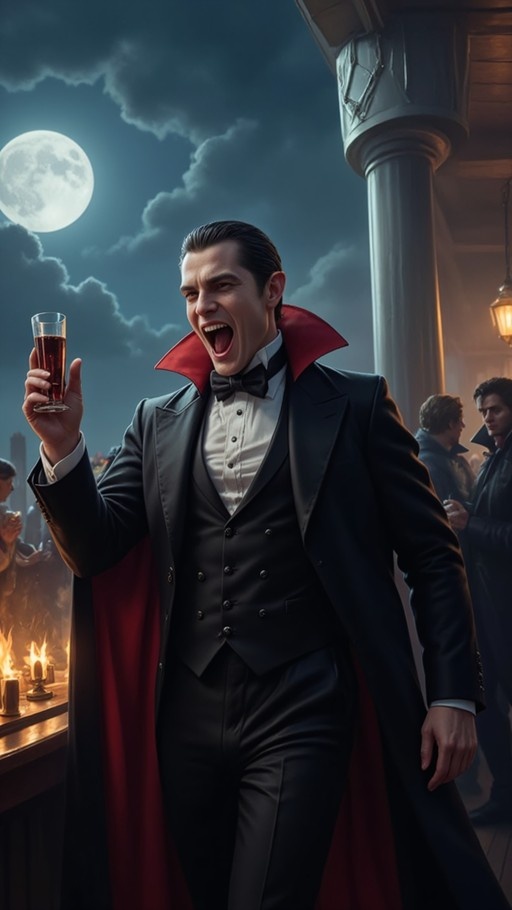 Count Dracula in a tuxedo and red cape holding a drink on a cruise deck under a full moon