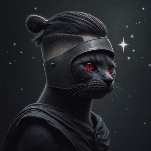 A stylized portrait of a black cat with glowing red eyes, wearing a metal helmet and a high topknot hairstyle against a dark starry background.