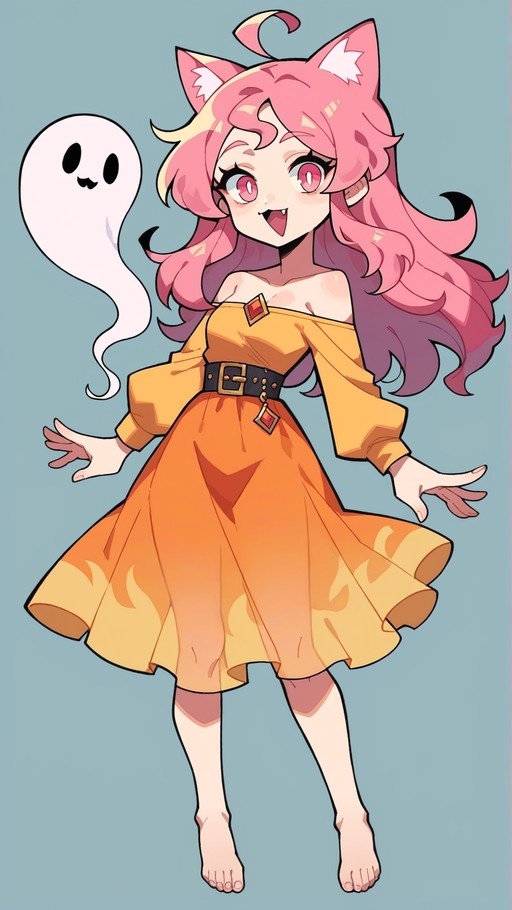 An anime-style illustration of a pink-haired catgirl in an orange dress standing next to a small white ghost.
