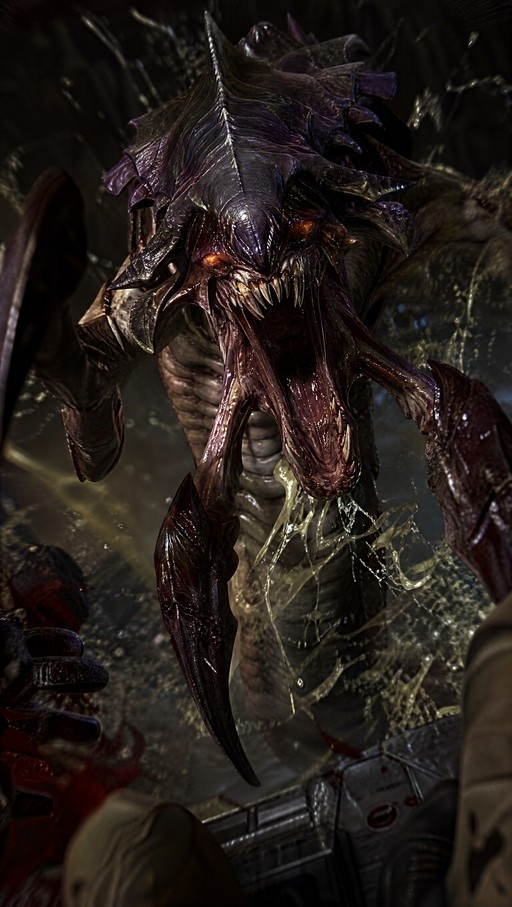 A menacing purple Hydralisk with glowing orange eyes and sharp teeth looms over the viewer in a close-up attack shot.