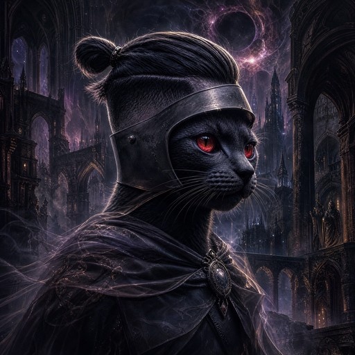 Black cat with red eyes wearing a helmet and cloak in front of gothic architecture under an eclipse.