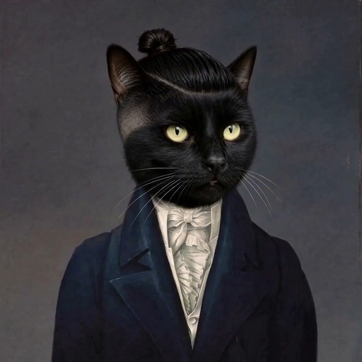 A black cat with yellow eyes wearing a blue coat and white bowtie, featuring a top knot hairstyle, shown in a 360-degree rotation against a grey background.