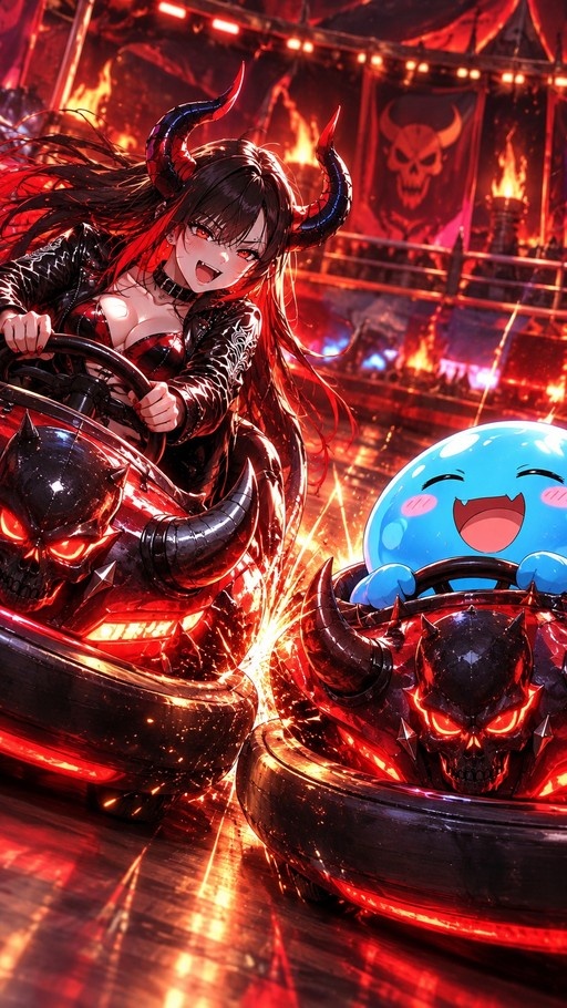 An anime demon girl with horns and a leather jacket drives a skull bumper car, colliding with a happy blue slime in a fiery arena.