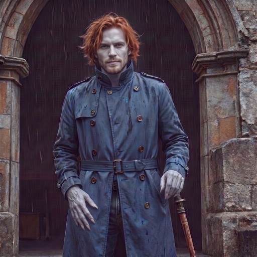 A red-haired man in a wet blue trench coat holding a sword cane under a stone archway in the rain.