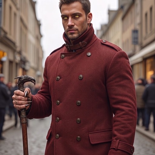 Jedran, a Pyrim Wouivre with glowing yellow eyes and long fingernails, wears a high-collared red coat while holding an ornate bird-headed cane on a city street.