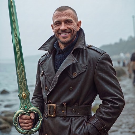 A smiling Hydrim Triton named Niqorim with scaled skin and pointed ears holds a large green sword with dolphin motifs while wearing a leather coat on a beach.