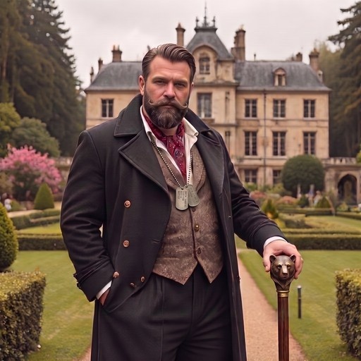 Bearded man in a dark coat and waistcoat holding a cane with a bear head handle stands outside a mansion wearing dog tags.