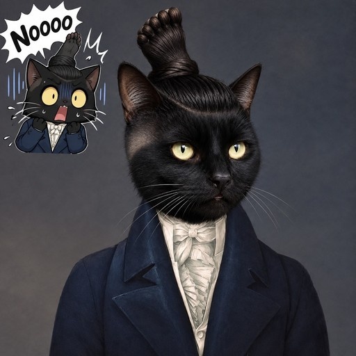 A black cat wearing a blue suit and white cravat has its hair styled into a bun shaped like a bare foot. A chibi version of the cat in the corner looks shocked with a speech bubble saying "Noooo".