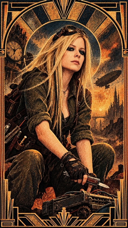 Avril Lavigne as female MacGyver in steampunk attire holding a multi-tool with goggles on her head against an Art Deco background featuring a clock tower and airship.
