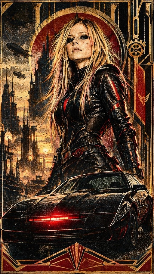 Avril Lavigne in a black leather suit standing next to a futuristic black car with red lights, set against a steampunk cityscape in an Art Deco poster style.