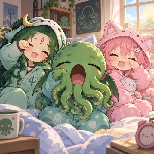 Three chibi characters in pajamas yawning in bed: a green-haired goddess with a trident symbol, a green tentacled creature, and a pink-haired girl holding a cat plush.