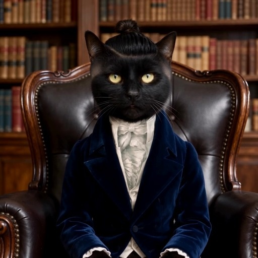 A photorealistic black cat named Sir Afronzo, sporting a top-knot bun and a blue velvet gentleman's coat, sits in a leather armchair inside a library.