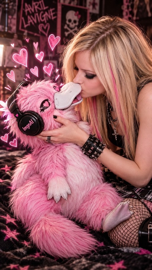 A woman resembling Avril Lavigne in a goth outfit kisses a large pink fluffy platypus wearing ImgAI headphones.